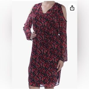 Lauren Ralph Lauren Cold Shoulder A Line Dress Red Navy Blue Floral Size 10